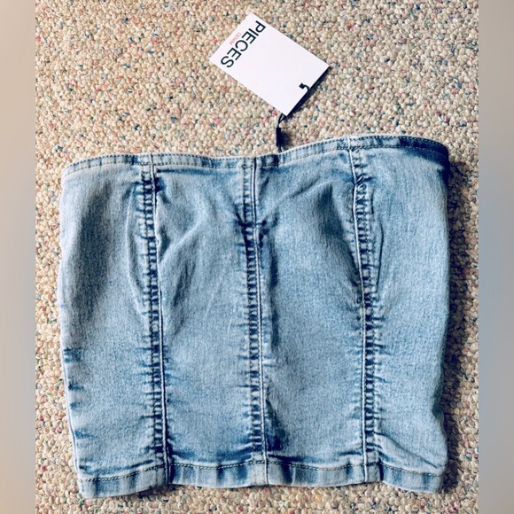 ASOS Pieces Denim Corset Bandeau in Light Blue Size XS - Picture 1 of 5